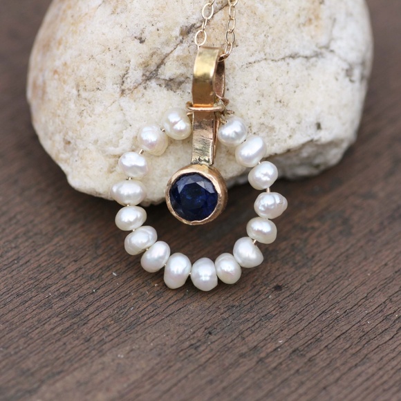 Handcrafted Natural Pearl, Blue Sapphire Pendant Solid 14K Yellow Gold No chain - Picture 11 of 12